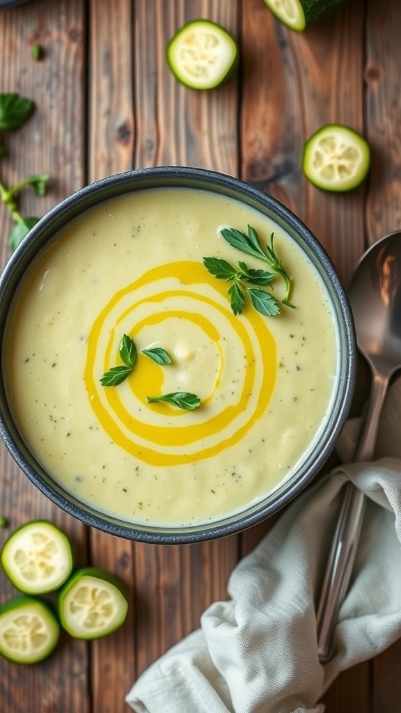 A creamy bowl of cauliflower and zucchini soup garnished with herbs on a rustic table.